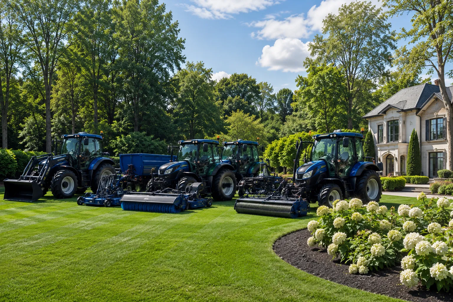 Blue property-care tractors and mowing equipment arranged on a landscaped lawn.