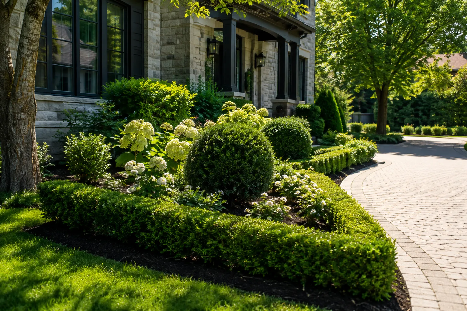 Maintained shrubs, flowers, garden beds, and stone driveway beside a home.