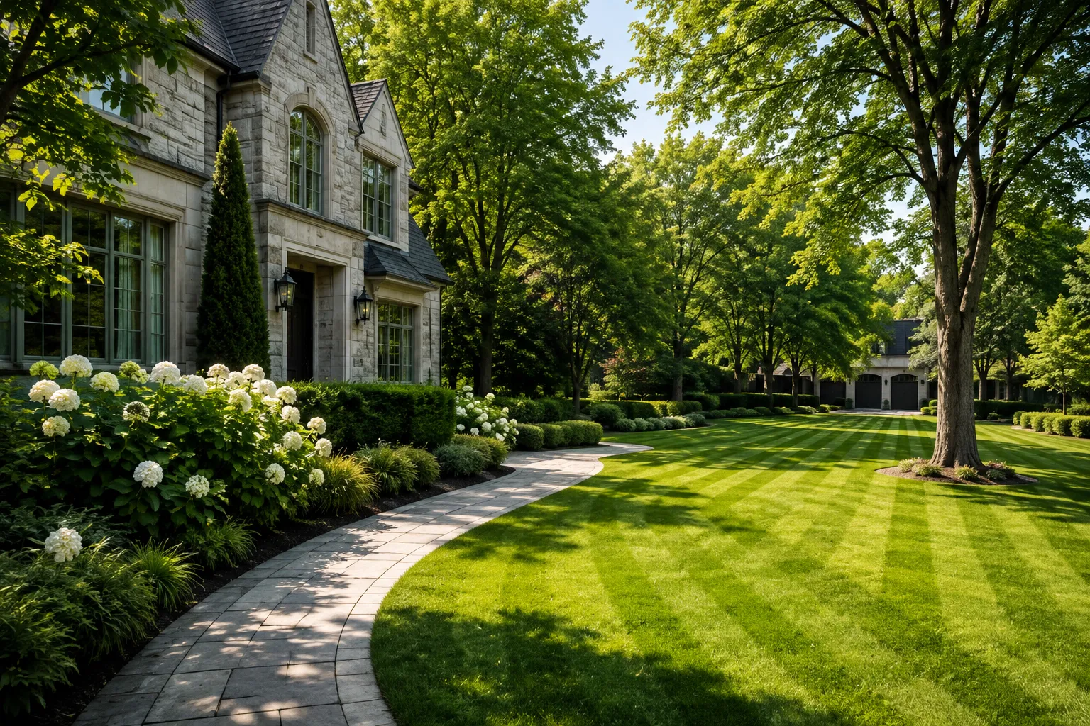 Maintained residential lawn and landscaped garden.