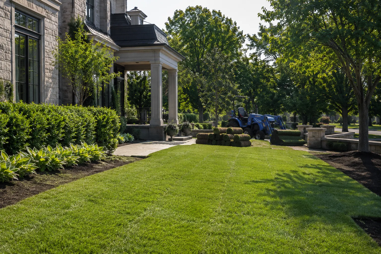 Fresh lawn installation beside a residential property with blue equipment nearby.